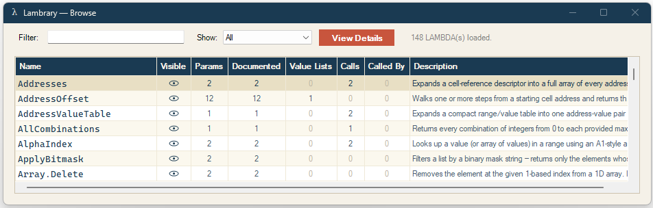 The Browse LAMBDAs dialog: a table of every LAMBDA in the workbook with documentation counts.