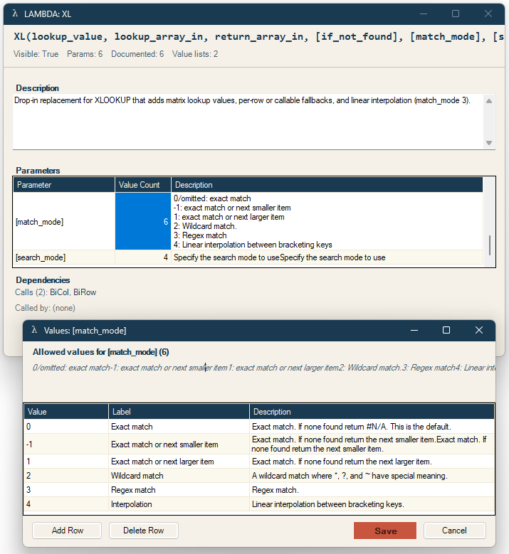 The LAMBDA detail view: an editable description, per-parameter notes, and value lists.