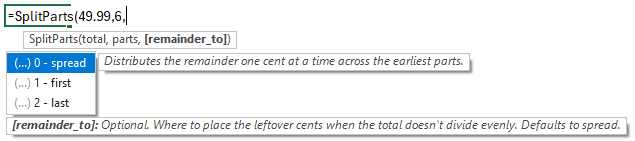 Lambrary IntelliSense in a cell: a LAMBDA signature with the active argument bold, its description below, and a value-list dropdown with a per-value note.
